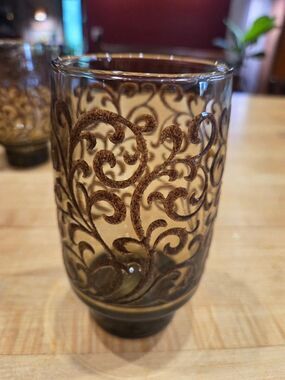 Vintage Libbey Prado Tawny Smoke Brown Scroll Tumbler Glasses Set of 6